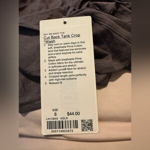 NWT Lululemon Cut Back Tank Crop Wash Size 8 Grey Cropped Tank